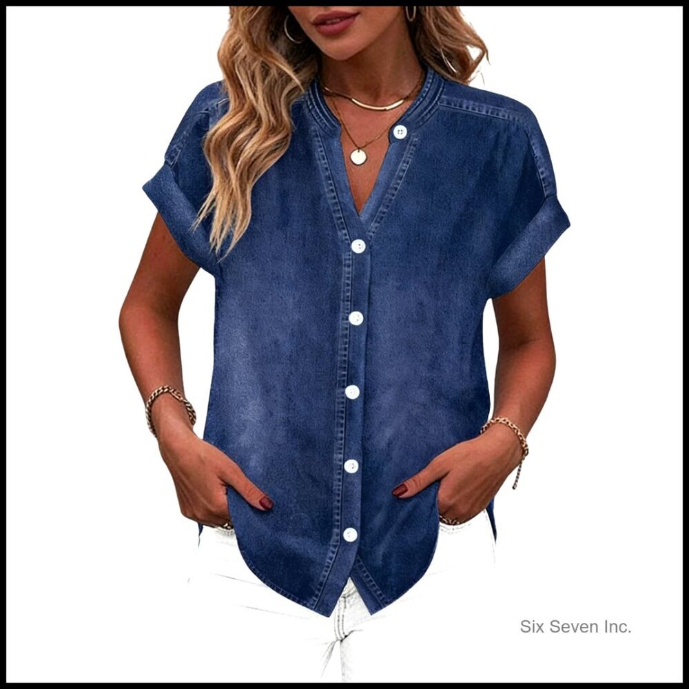 Denim Shirt V Neck Button Down Short Sleeve Loose Casual Top